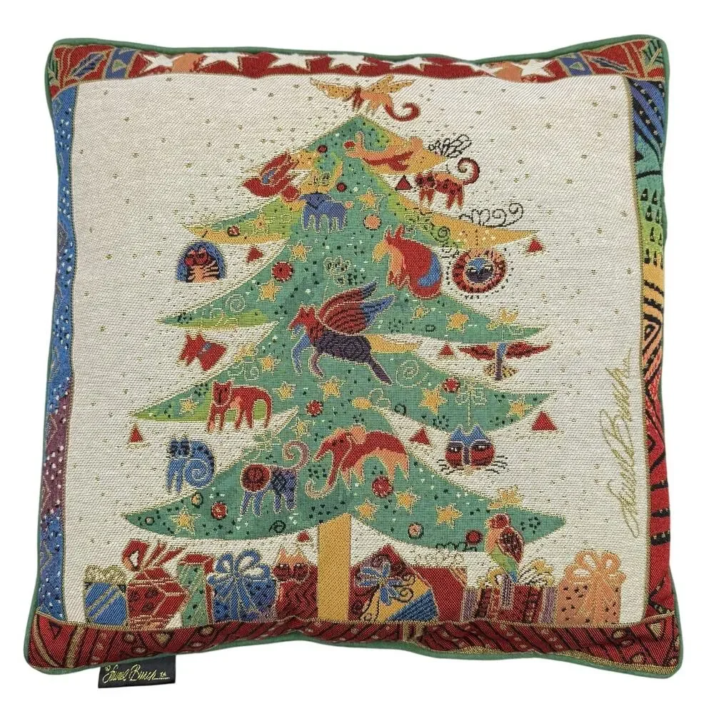 Vintage Laurel Burch Christmas Tree Pillow Holiday Folk Art 18x18 90s